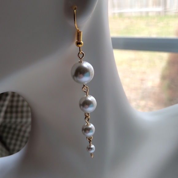 White Glass Faux Pearl Descending Four Tier Dangle Hook Linear Earrings Handmade - Picture 3 of 10